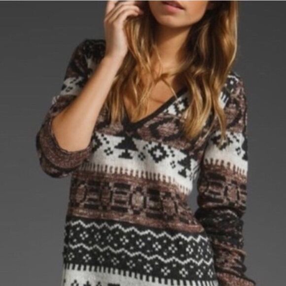 FREE PEOPLE V-Neck Striped Navajo Tribal Pattern Wool Blend Sweater - Picture 1 of 7